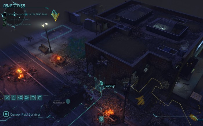 So our four health escort needs to make it to the skyranger next turn, which means he needs to stand here this turn, dangerously close to thin man on the roof. Sure hope this works.